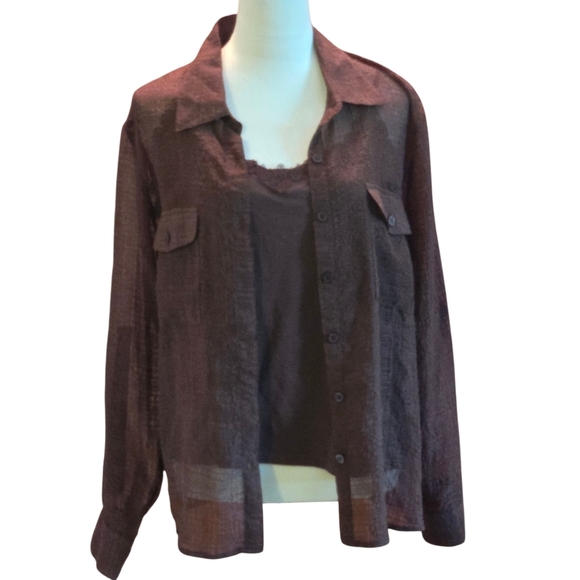 Elementz Tops - Elementz 2 pc Semi-Sheer Brown Textured Roll-tab Blouse Laced Cami Women's XL